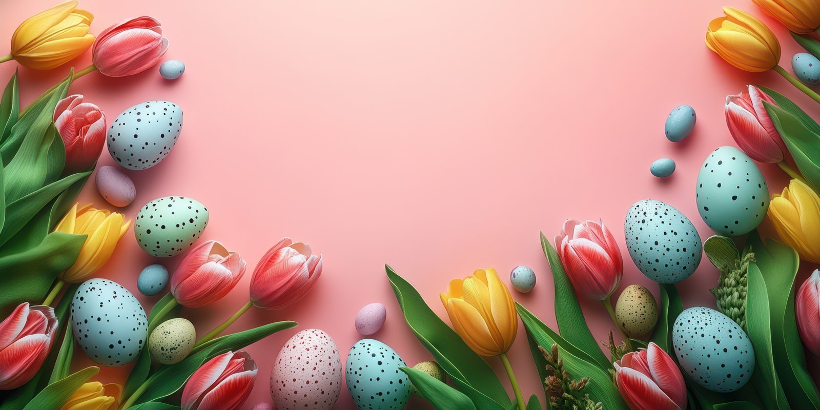 Colorful spring arrangement of tulips and Easter eggs on a pink background for celebration and decoration
